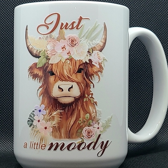 Floral Highland Cow Mug Just A Little Moody - White 15 ounce - Picture 6 of 8